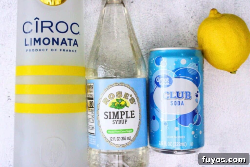 Lemon Vodka Collins: Summer's Zesty Escape 4 Ingredients laid out on a table to make a Lemon Vodka Collins: vodka, lemon, simple syrup, club soda