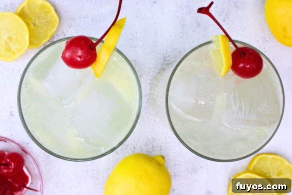 Lemon Vodka Collins: Summer's Zesty Escape 7 Overhead view of two Lemon Vodka Collins cocktails garnished with lemon slices and cherries, surrounded by fresh fruit