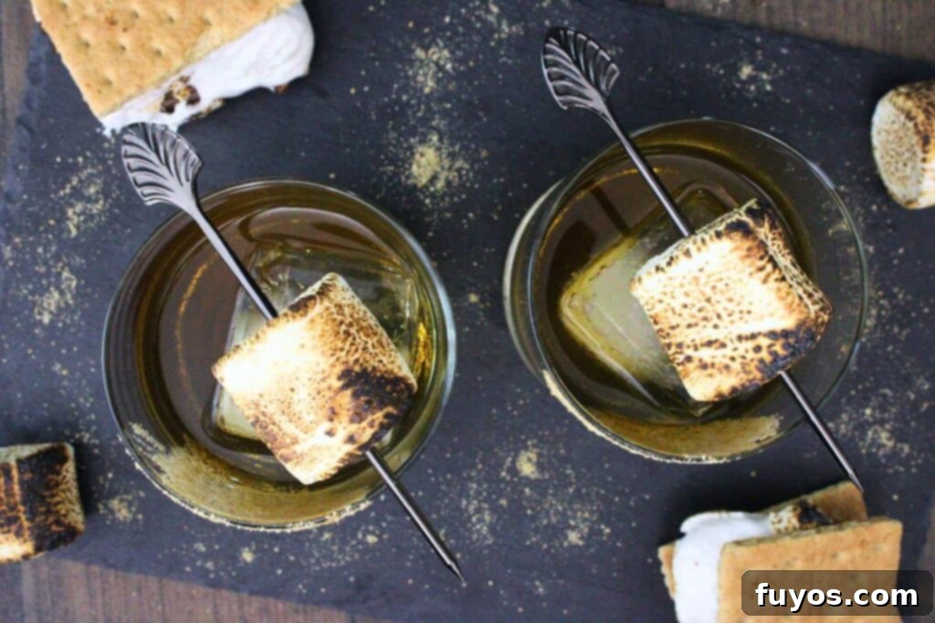 S'mores Old Fashioned: Campfire Nostalgia in a Glass 8 overhead view of two smores old fashioned drinks with a toasted marshmallow skewer