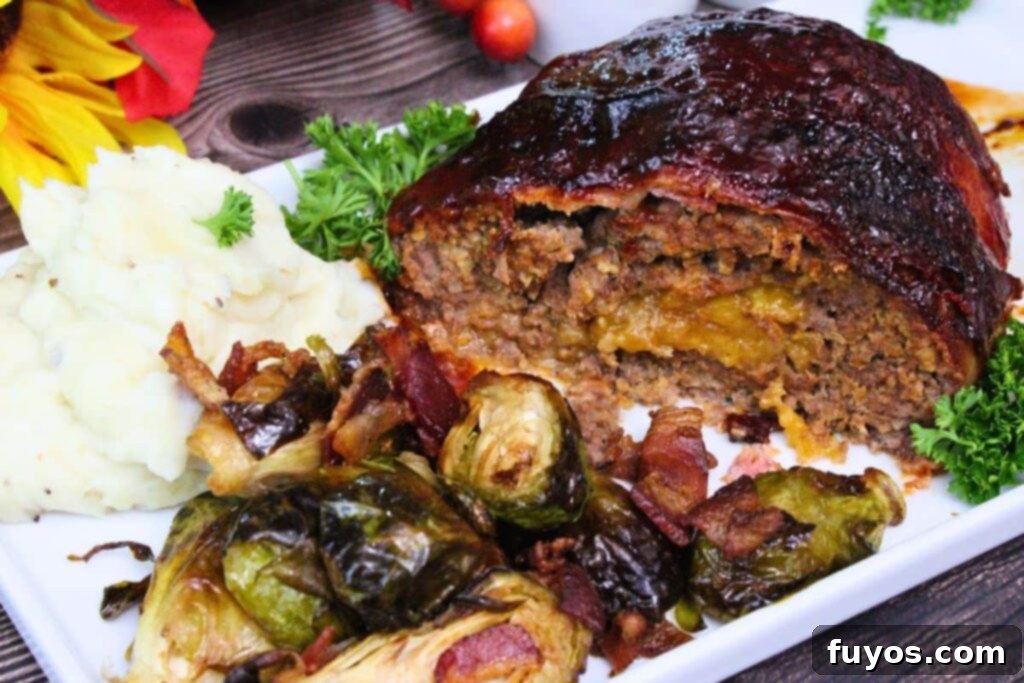 Bacon Wrapped Cheesy Stuffed Meatloaf Air Fryer Oven 11 showing half of a bacon wrapped meatloaf stuff with cheese on a platter with mashed potatoes and bacon brussel sprouts