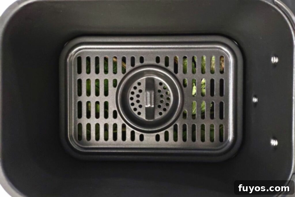 Mint Drying Hack Using Your Air Fryer 6 fresh mint in the bottom of an air fryer basket covered with a rack