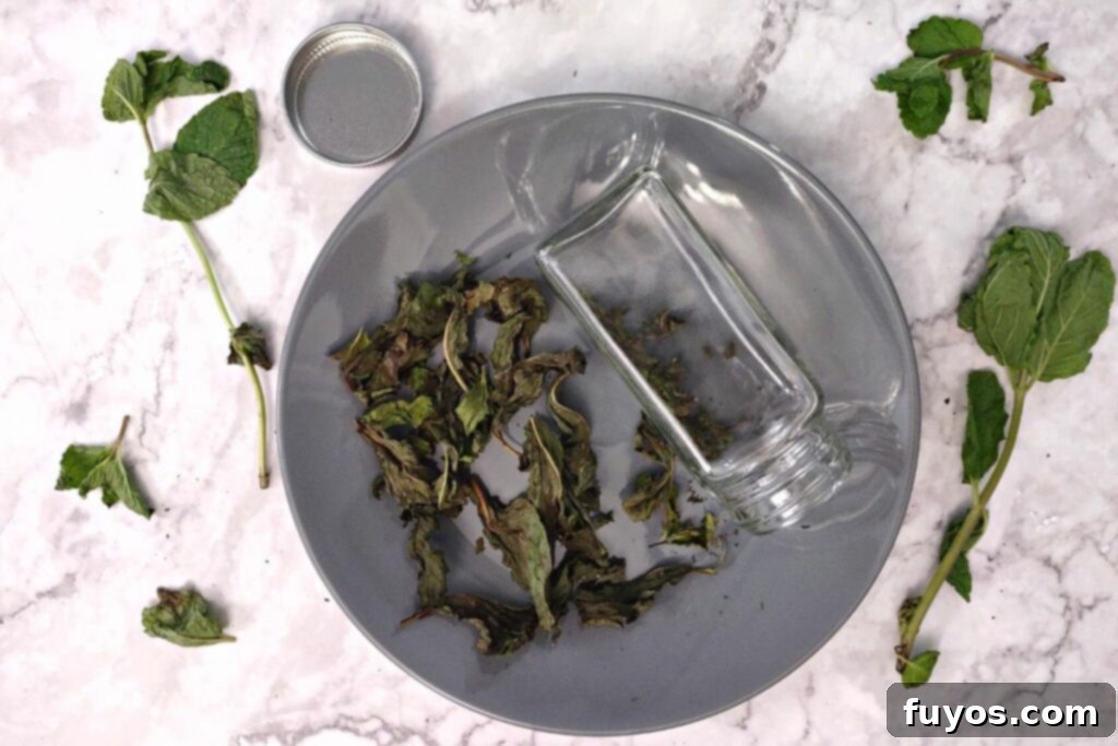 Mint Drying Hack Using Your Air Fryer 9 dried mint leaves next to a glass spice jar with crushed dried mint on a plate