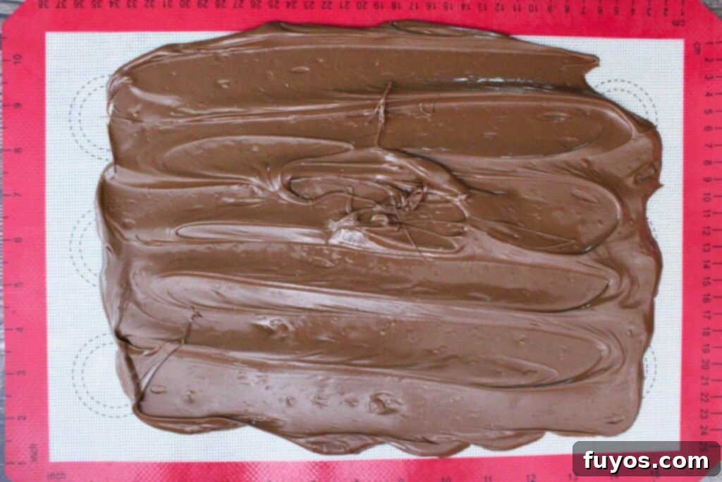 spread chocolate base for smores bark on baking sheet