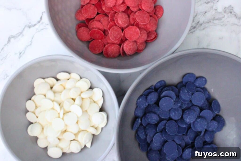 Red, White, and Blue Bark: Your Festive Fourth of July Dessert 4 add red, white, and blue candy melts to separate microwave safe bowls