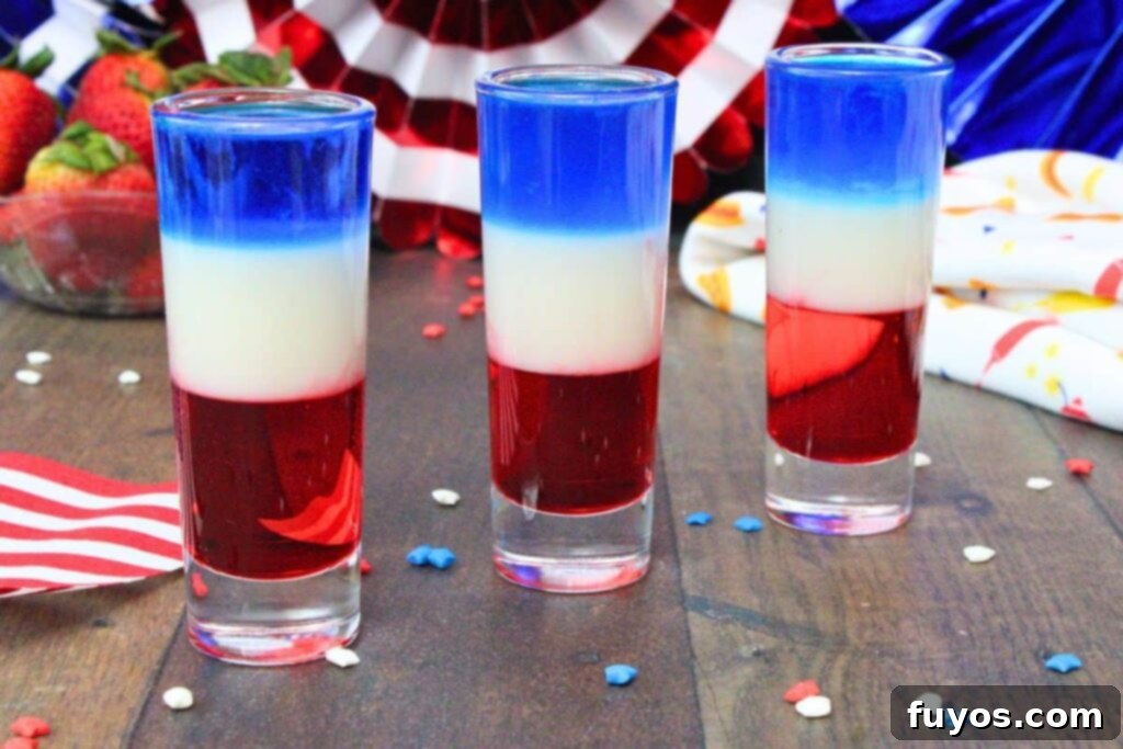 Stacked Red White Blue Party Shots 9 three red white and blus shots in a diagonal line surrounded by patriotic decorations
