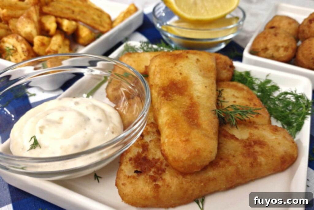 Air Fryer Frozen Fish Crispy and Quick 2 crunchy fish fillet with tartar sauce and side dishes in the background
