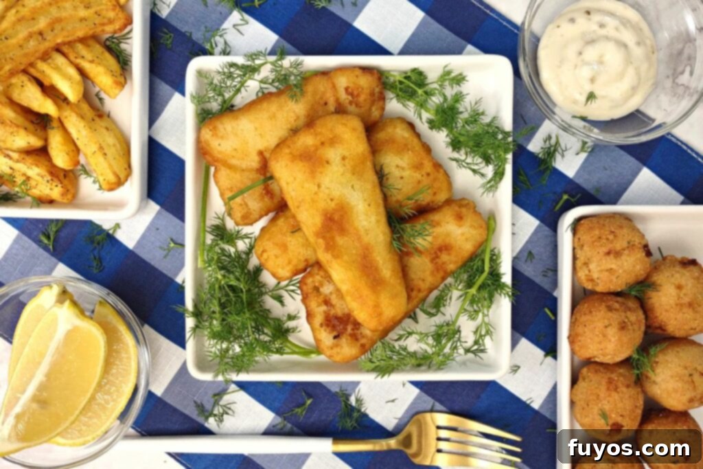 Air Fryer Frozen Fish Crispy and Quick 6 overhead view of battered fish on a plate with lemon wedges, fries, and hush puppies to the side