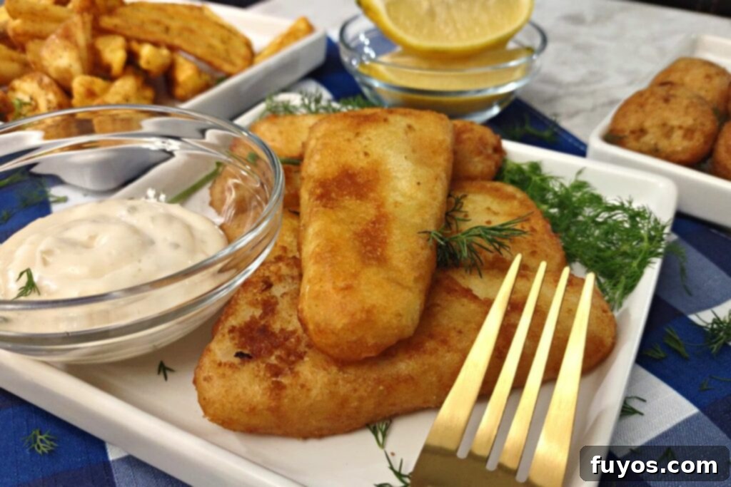 Air Fryer Frozen Fish Crispy and Quick 7 air fried beer battered fish on a plate with tartar sauce and a fork