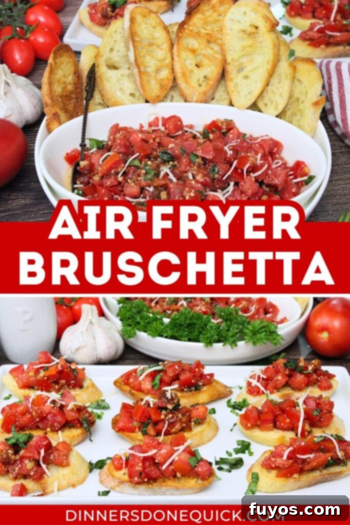Air fryer bruschetta recipe on a Pinterest-friendly image with fresh ingredients