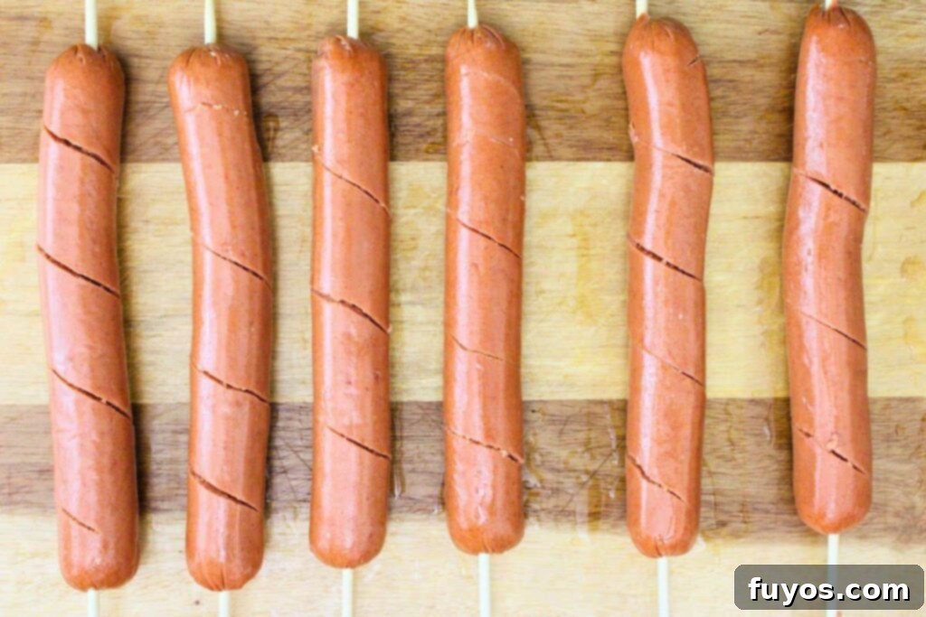 Air Fryer Crispy Spiral Hot Dogs 6 make angled cut through hot dogs while twisting the skewer as you work down the hot dog