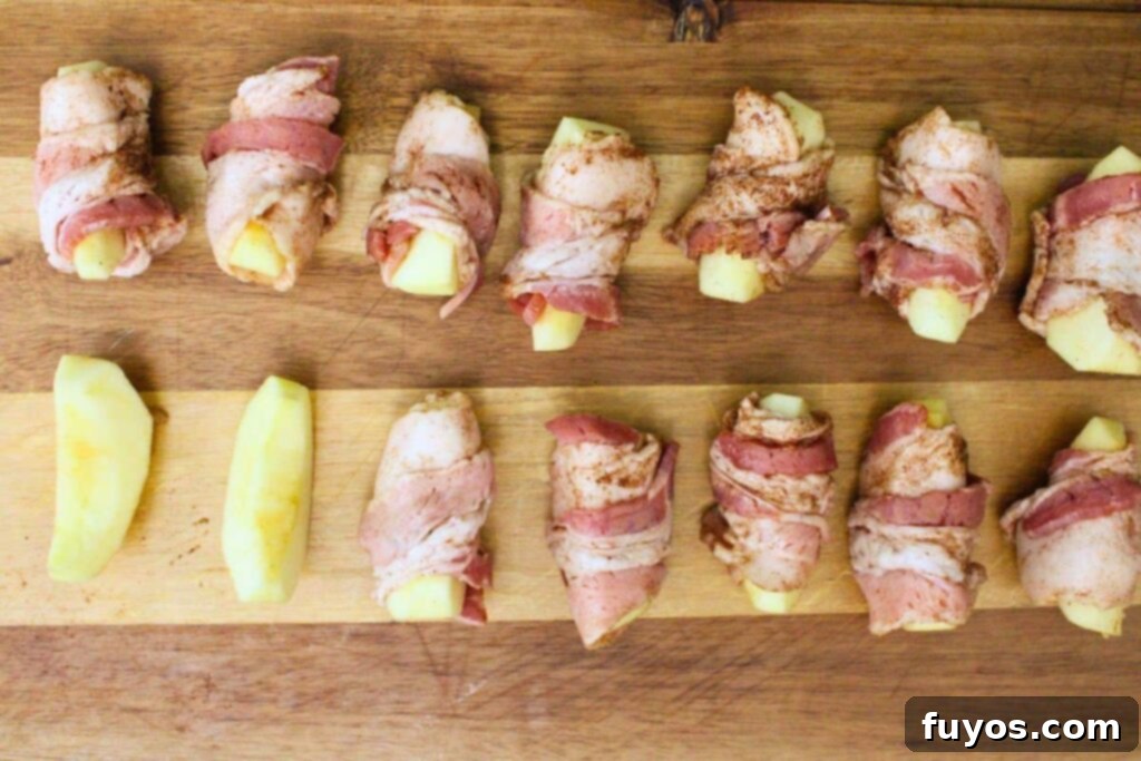 Sweet and Savory Air Fryer Bacon Apple Bites 6 wrap half a strip of bacon around each apple slice