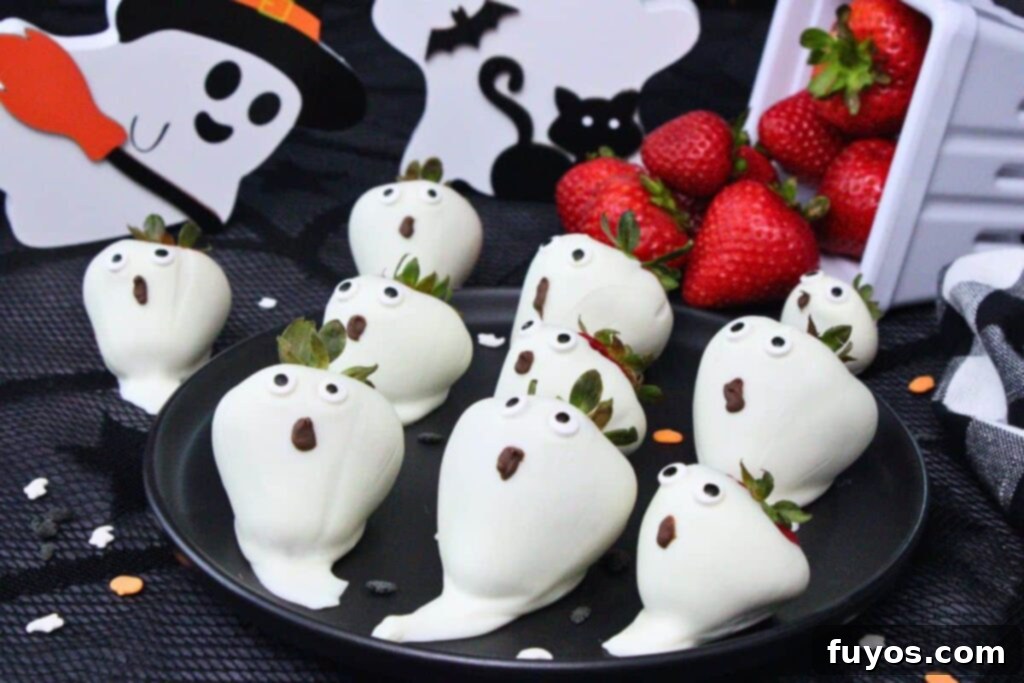 several white chocolate strawberry ghosts on a black face with candy eyes and a chocolate mouth in front of fresh strawberries and halloween decorations