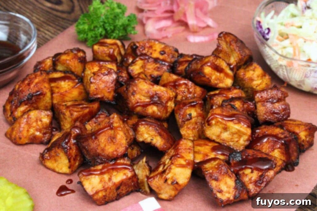 Air Fryer Turkey Burnt Ends: Crispy, Smoky Perfection 10 turkey burnt ends with an extra drizzle of bbq sauce on a sheet of butcher paper with pickles and coleslaw