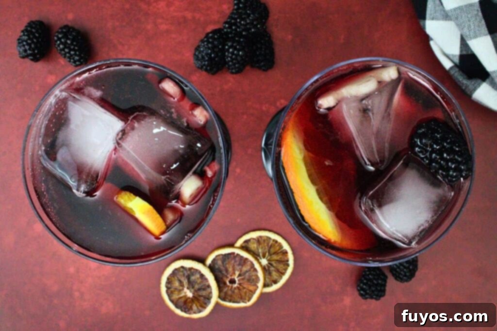 Midnight Ritual Sangria A Bewitching Adult Brew 8 overhead view of two halloween sangria glasses with ice and fresh fruit like blackberries, apple, orange, and blood oranges
