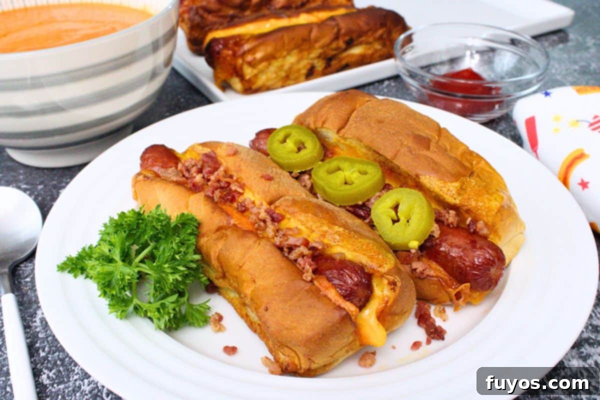 27 Irresistible Air Fryer Hot Dog Creations 11 two grilled cheese hot dogs on a plate with one topped with bacon bits and the other with jalapeno slices