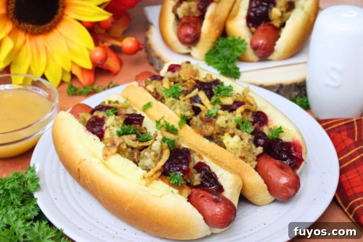 27 Irresistible Air Fryer Hot Dog Creations 15 two thanksgiving hot dogs topped with stuffing and cranberry sauce on a white plate