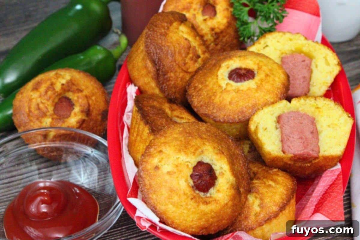 27 Irresistible Air Fryer Hot Dog Creations 20 several corn dog muffins in a basket with one cut in half to show the hot dog with a side of ketchup