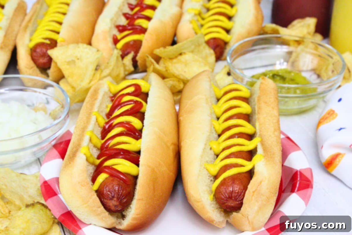 27 Irresistible Air Fryer Hot Dog Creations 3 two air fryer hot dogs topped with ketchup and mustard on a summer plate surrounded by chips