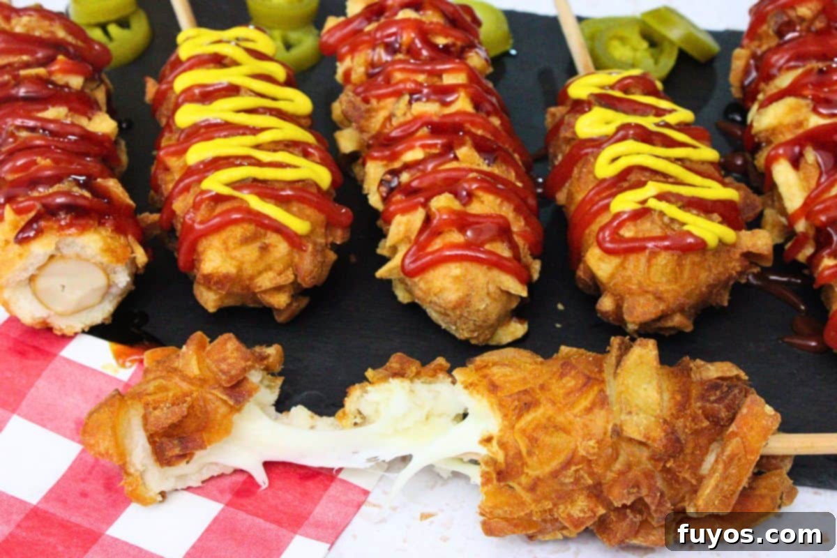 27 Irresistible Air Fryer Hot Dog Creations 26 several air fryer korean corn dogs on a black slate with one being pulled apart showing gooey cheese