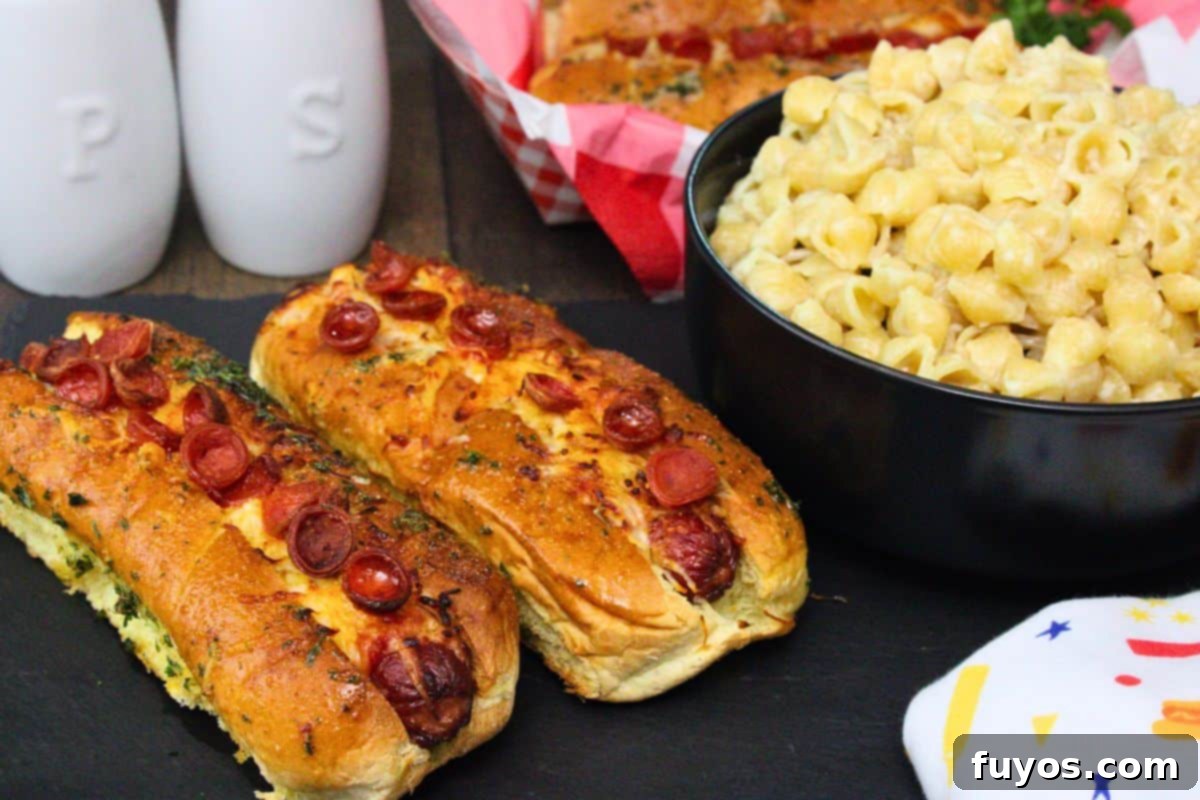 27 Irresistible Air Fryer Hot Dog Creations 10 two pizza hot dogs topped with pepperoni and garlic butter next to a bowl of mac and cheese on a black slate tray