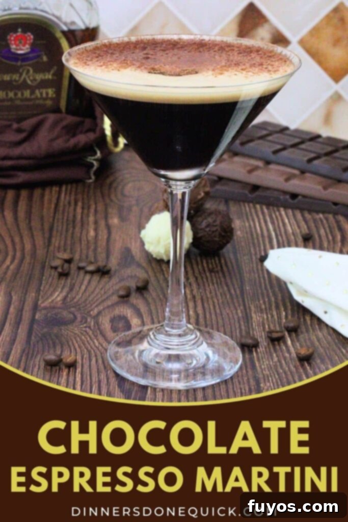 Velvet Crown Royal Espresso Chocolate Martini 11 A stunning vertical shot of a chocolate espresso martini, beautifully garnished with three coffee beans and a dusting of cocoa, perfect for a Pinterest share.