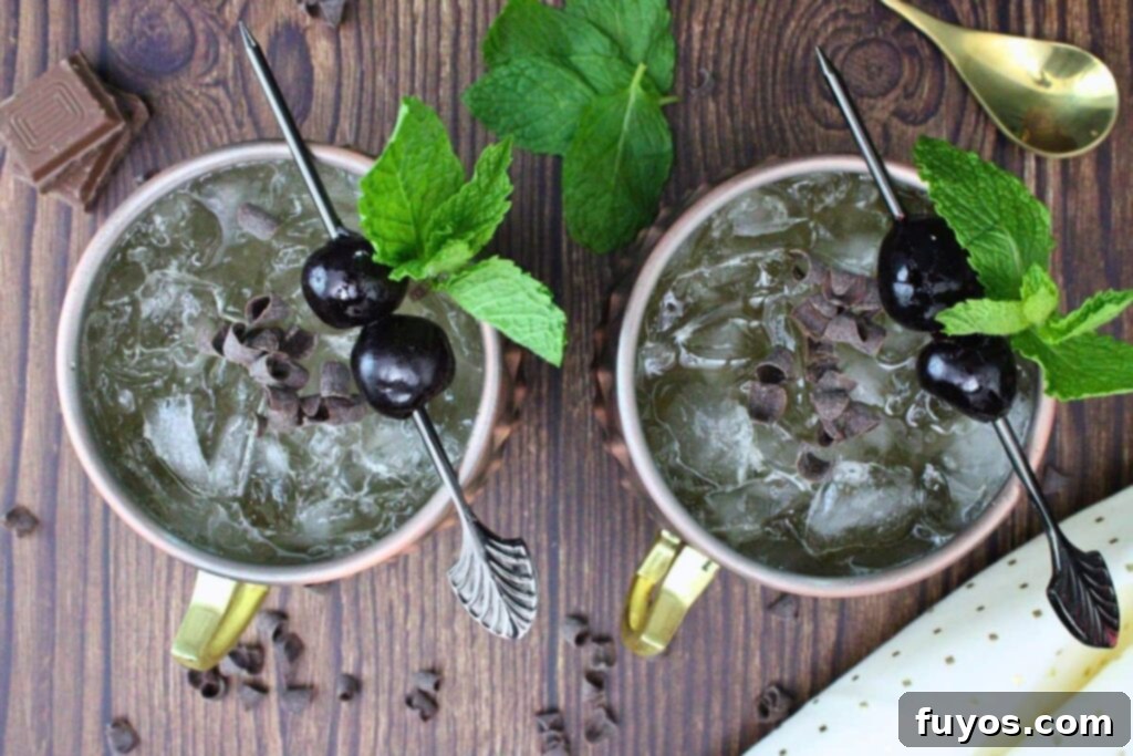 Kentucky Crown Chocolate Mule 7 overhead view of two chocolate mules garnished with mint luxardo cherry and chocolate curls