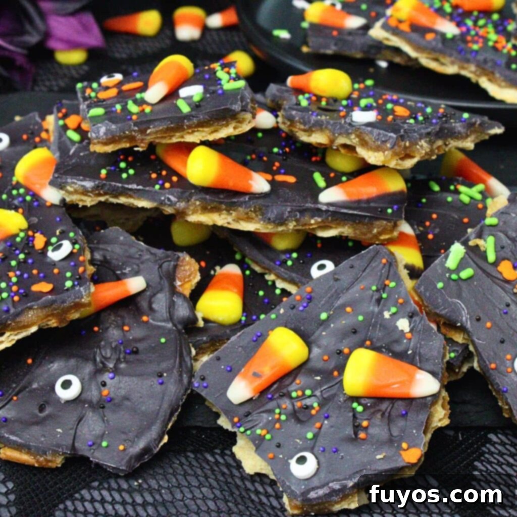 No Bake Halloween Saltine Crack Toffee 2 Halloween crack recipe, a sweet and salty treat with chocolate and sprinkles, featured image for Dinners Done Quick