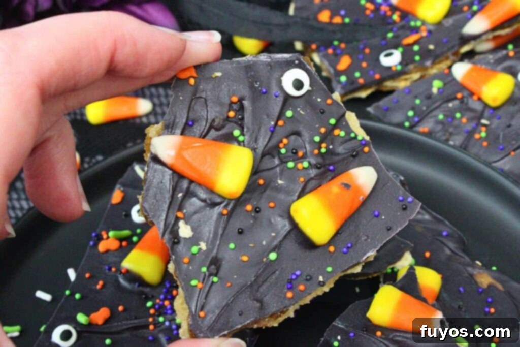 No Bake Halloween Saltine Crack Toffee 3 Holding up a piece of Halloween crack, showcasing the chocolate layer adorned with candy corn, festive sprinkles, and playful candy eyes.