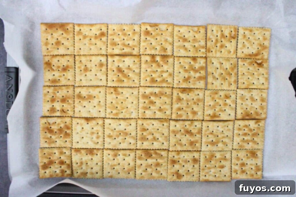 No Bake Halloween Saltine Crack Toffee 5 Arrange saltine crackers in a single layer to form a base on a baking sheet lined with parchment paper.