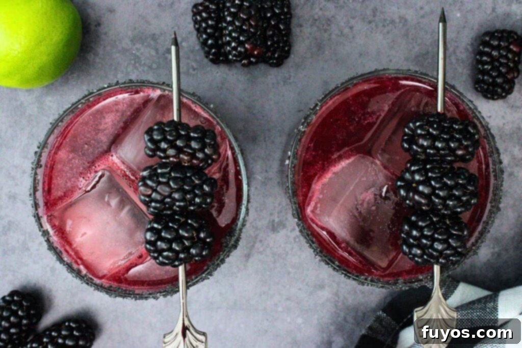 Disney's Spooky Black Magic Margarita 9 overhead view of two black magic margaritas with blackberry skewer and fresh fruit on black counter