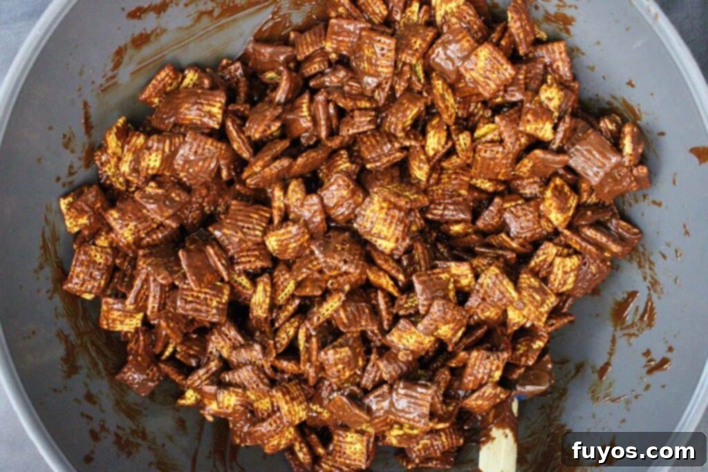 Mummy's Muddy Munch 6 pour chocolate peanut butter mixture over chex cereal
