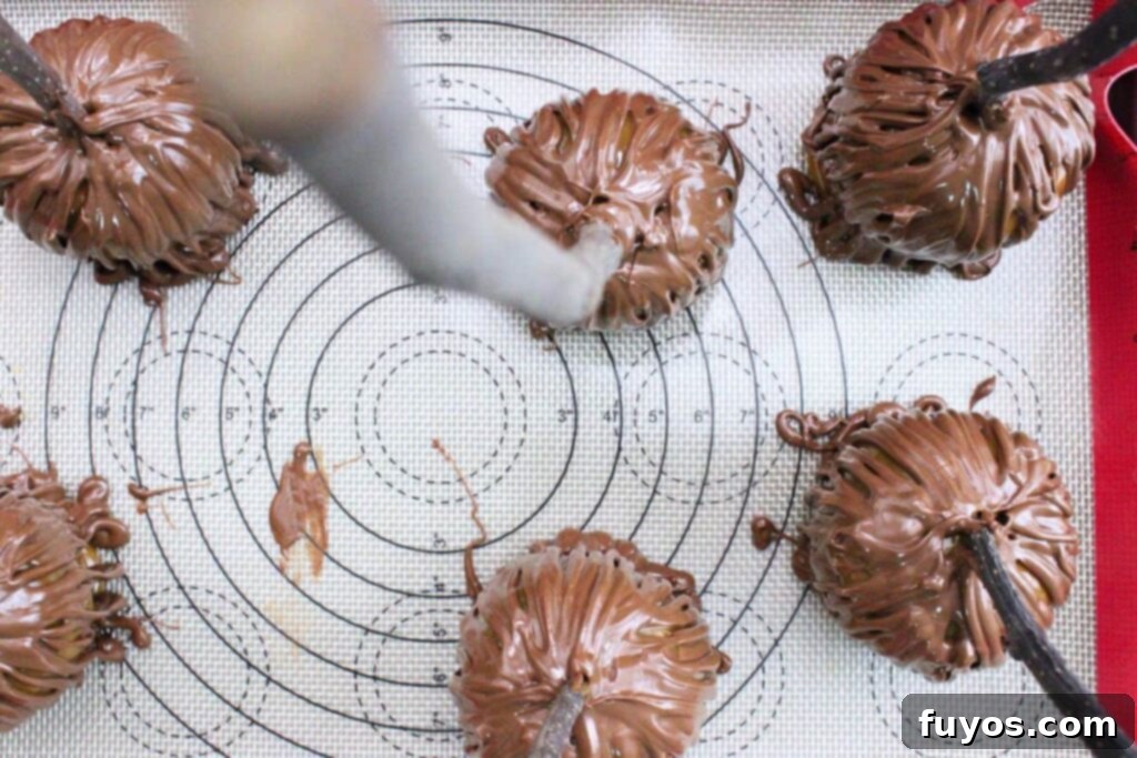 No-Bake Caramel Apple Broomsticks 9 pipe lines of chocolate up and down the caramel apples