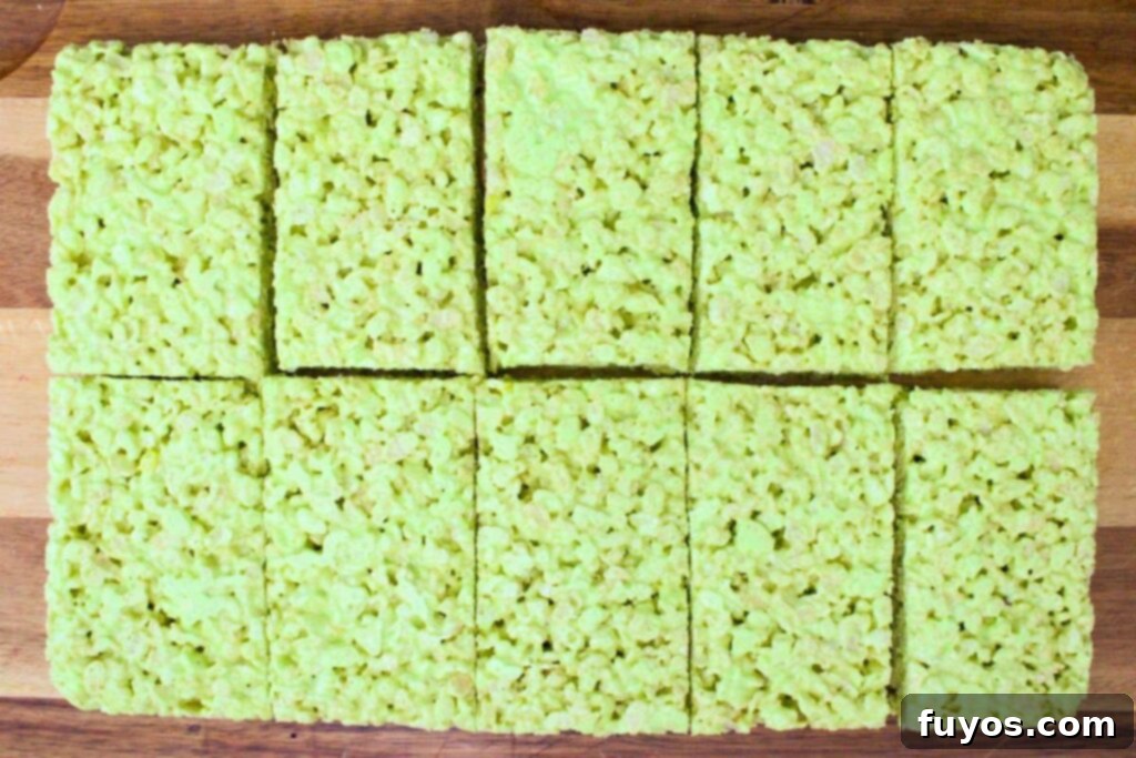 Conjure Up Frankenstein Krispie Monsters: No-Bake Halloween Magic 8 cut green rice krispie treats into long rectangles