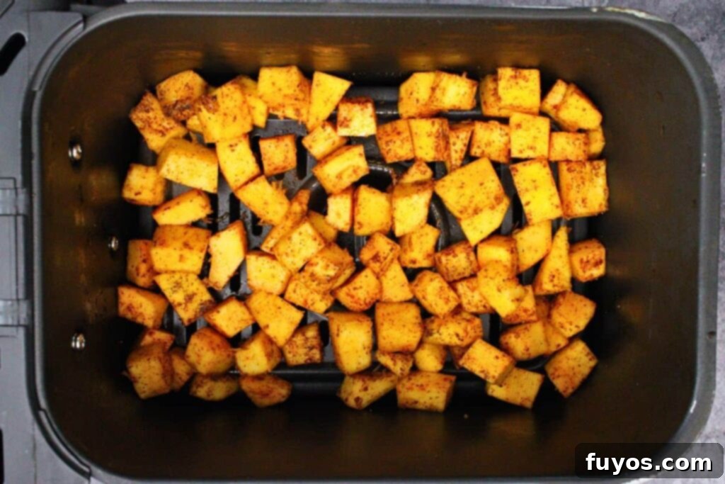 Air Fryer Halloween Monster Pumpkin Nachos 6 add seasoned pumpkin cubes to air fryer basket