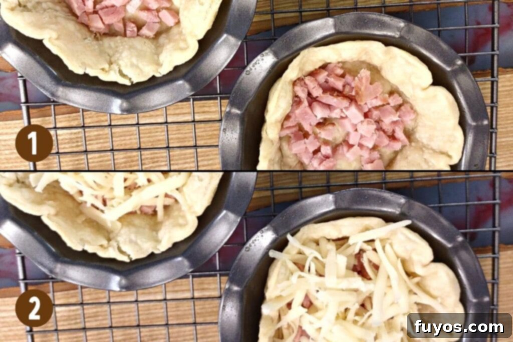 fill crusts evenly with ham and cheese