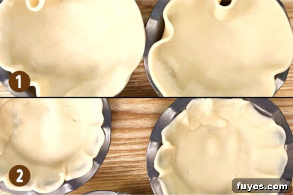 place pie crust in pans and crimp to fit the edges
