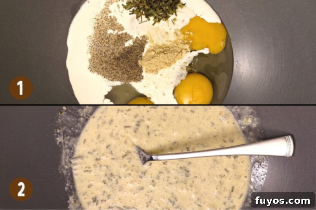 whisk eggs, cream, mustard, chives, salt, and pepper together