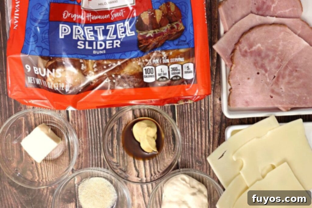 ingredients to make ham and cheese hawaiian pretzel roll sliders in the air fryer