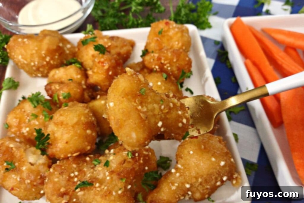 holding an air fried cauliflower wing on a fork