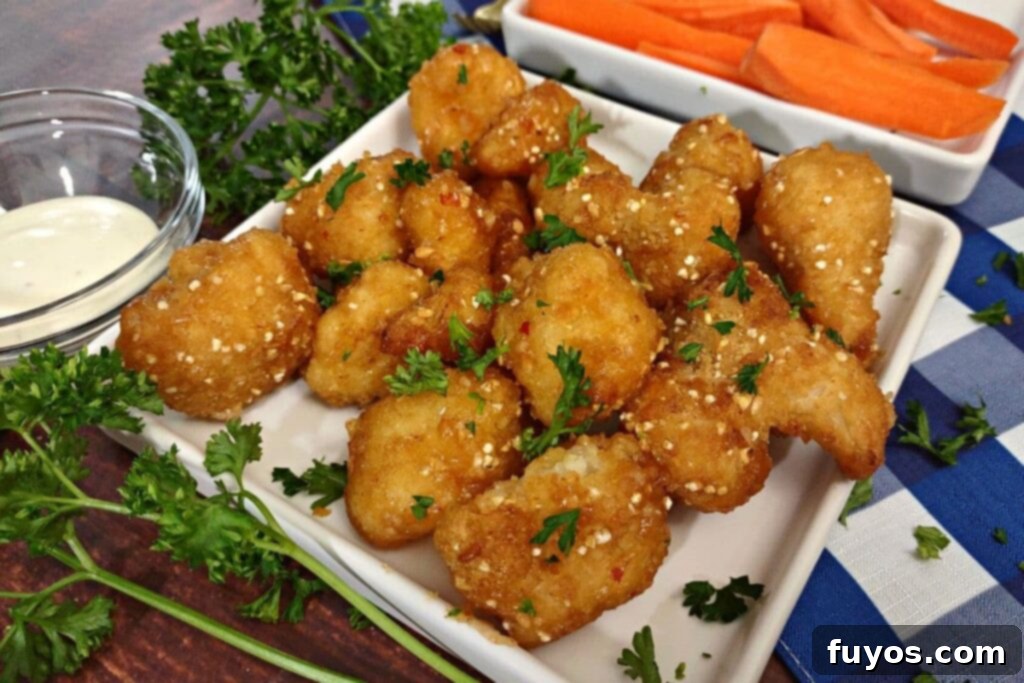 air fryer buffalo cauliflower wings with a side of carrots and ranch dipping sauce
