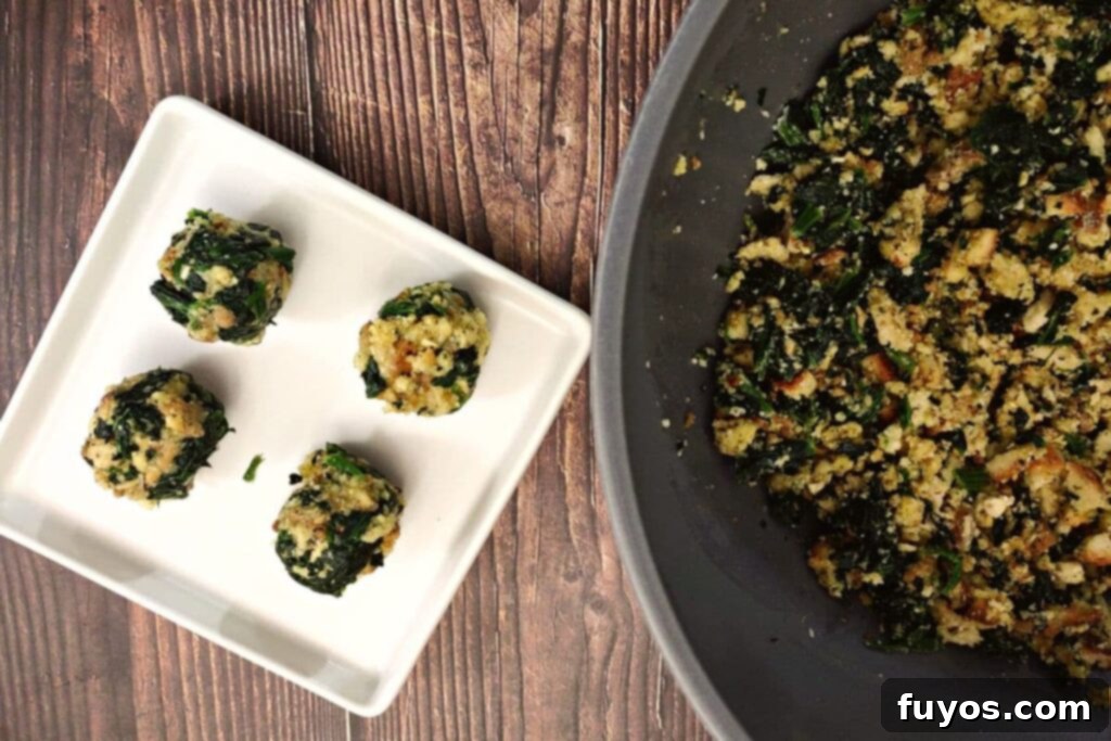 Crispy Air Fryer Spinach Bites 7 four rolled spinach balls on a square plate to the left with the large bowl of mixture to the right