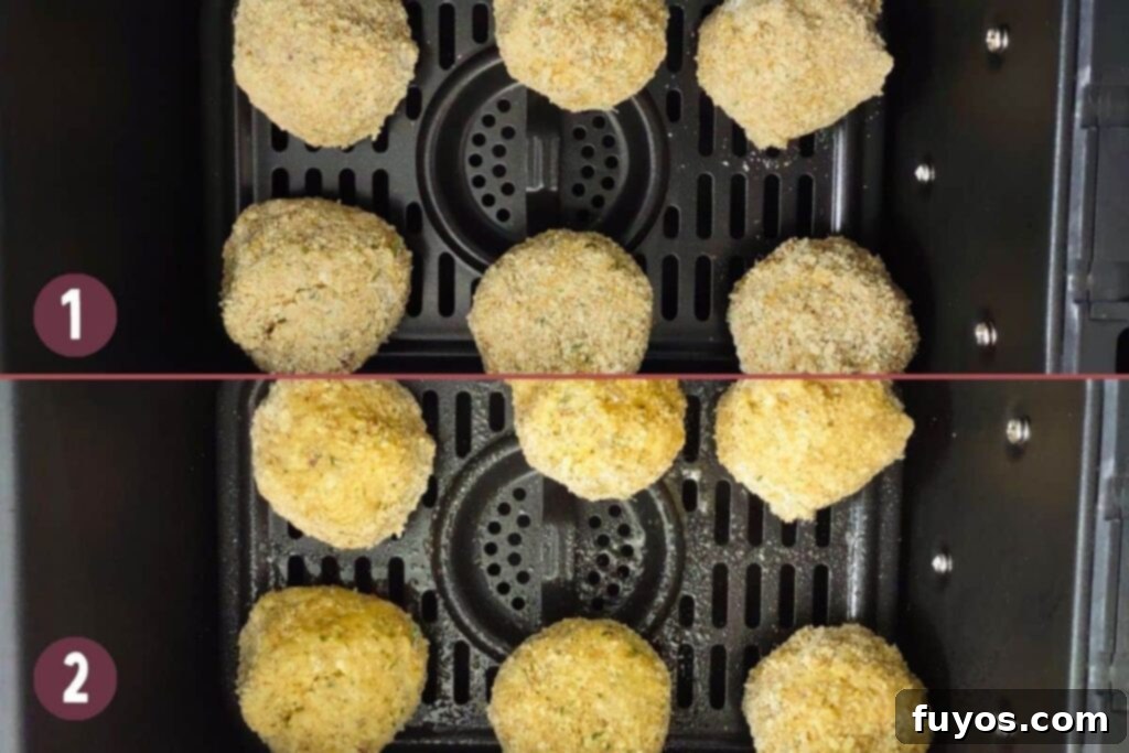 Crispy Air Fryer Arancini Mozzarella Stuffed Rice Balls 12 place arancini in air fryer basket and spray with nonstick oil