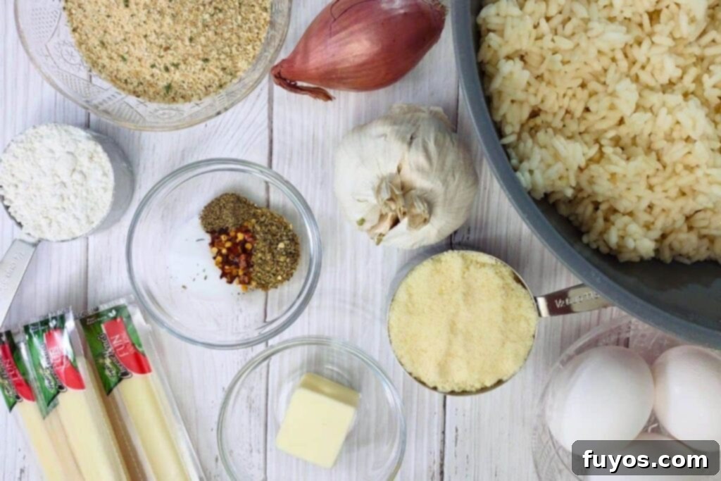 Crispy Air Fryer Arancini Mozzarella Stuffed Rice Balls 4 ingredients to make mozzarella arancini rice balls in the air fryer, including rice, cheese, and seasonings