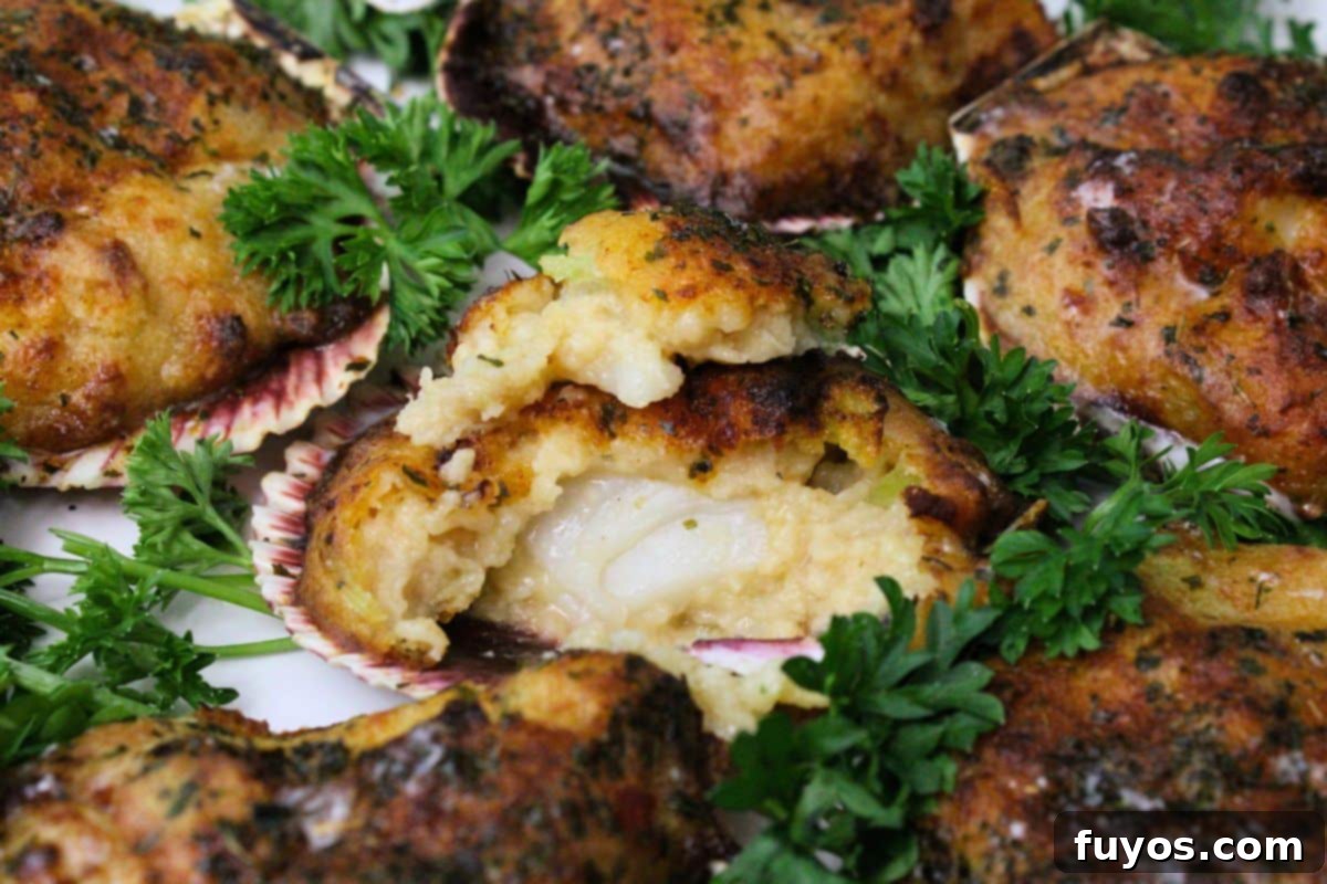 11 Irresistible Air Fryer Scallop Recipes to Make Now 13 cut in half air fryer stuffed scallop surrounded by parsley and additional scallops