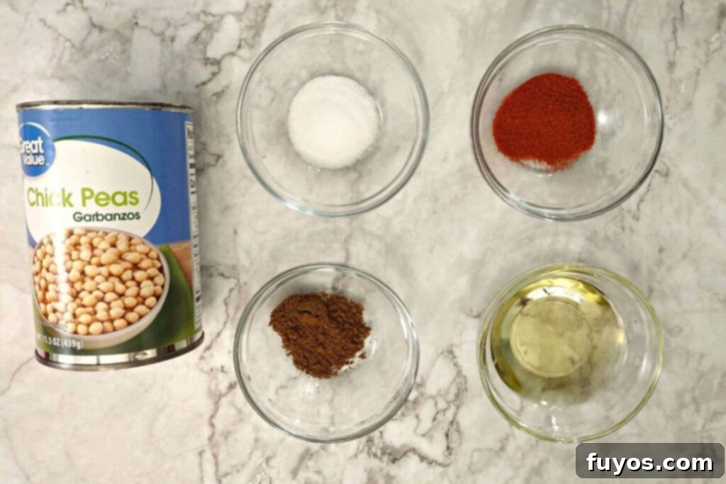 Air Fryer Masala Chickpea Crunch 3 air fryer indian chickpeas ingredients on a counter
