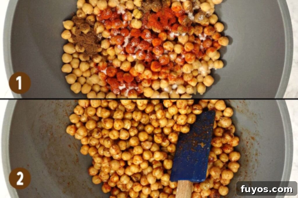 Air Fryer Masala Chickpea Crunch 5 combine chickpeas with oil and all seasonings and stir well