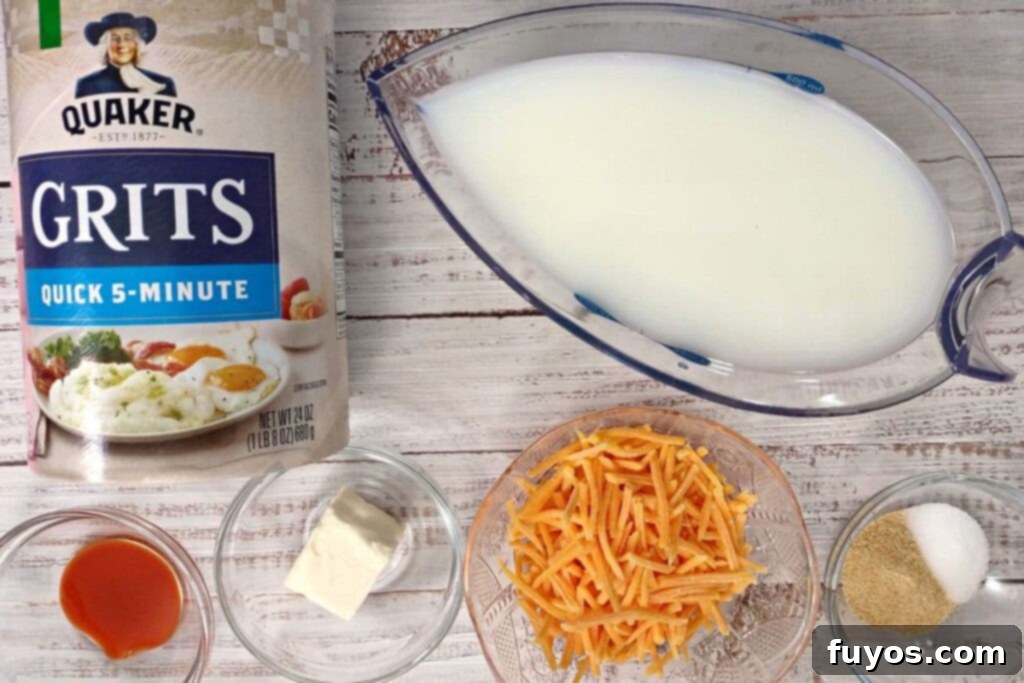 Velvety Garlic Cheese Grits in Minutes 4 microwave grits with cheese and garlic ingredients on a counter