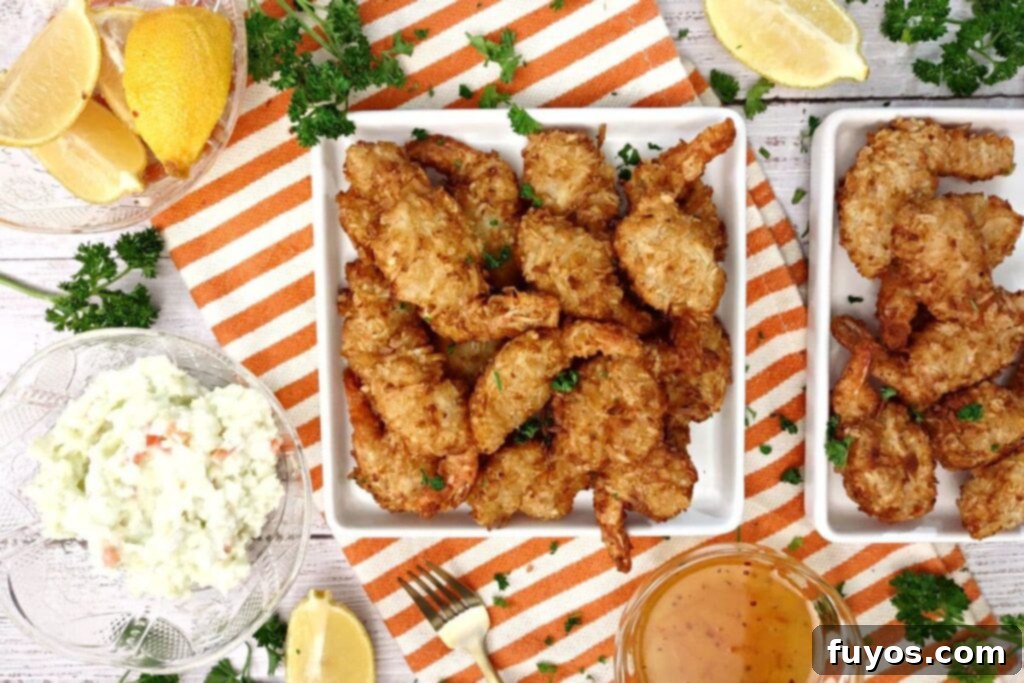 overhead view of air fryer coconut shrimp on a square plate
