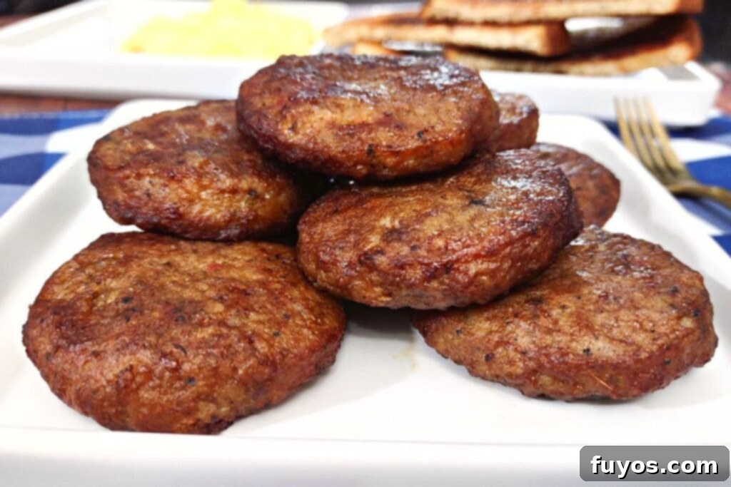 close up of frozen jimmy dean sausage patties cooked in the air fryer and stacked on a plate