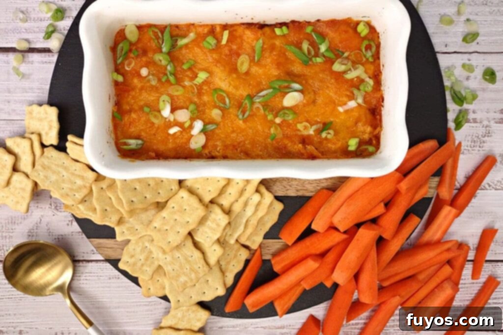 Ultimate Air Fryer Buffalo Chicken Dip 9 Overhead view of air fryer buffalo chicken dip served with crisp carrots and crackers for dipping.
